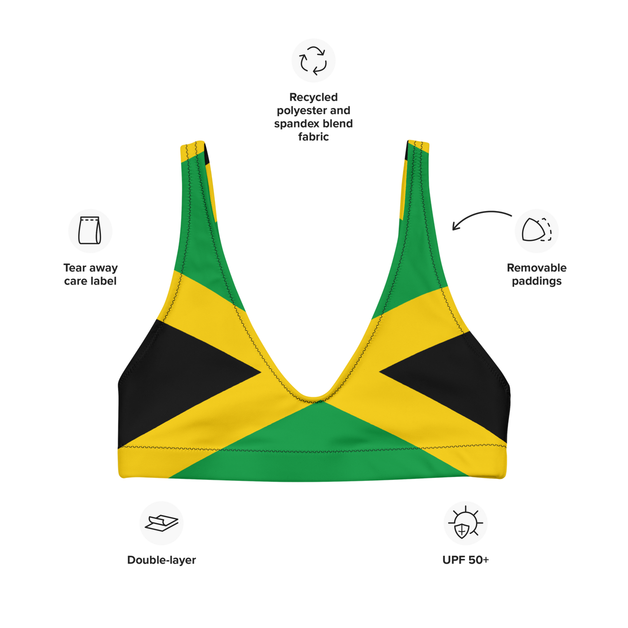 Jamaican Flag Recycled padded bikini top